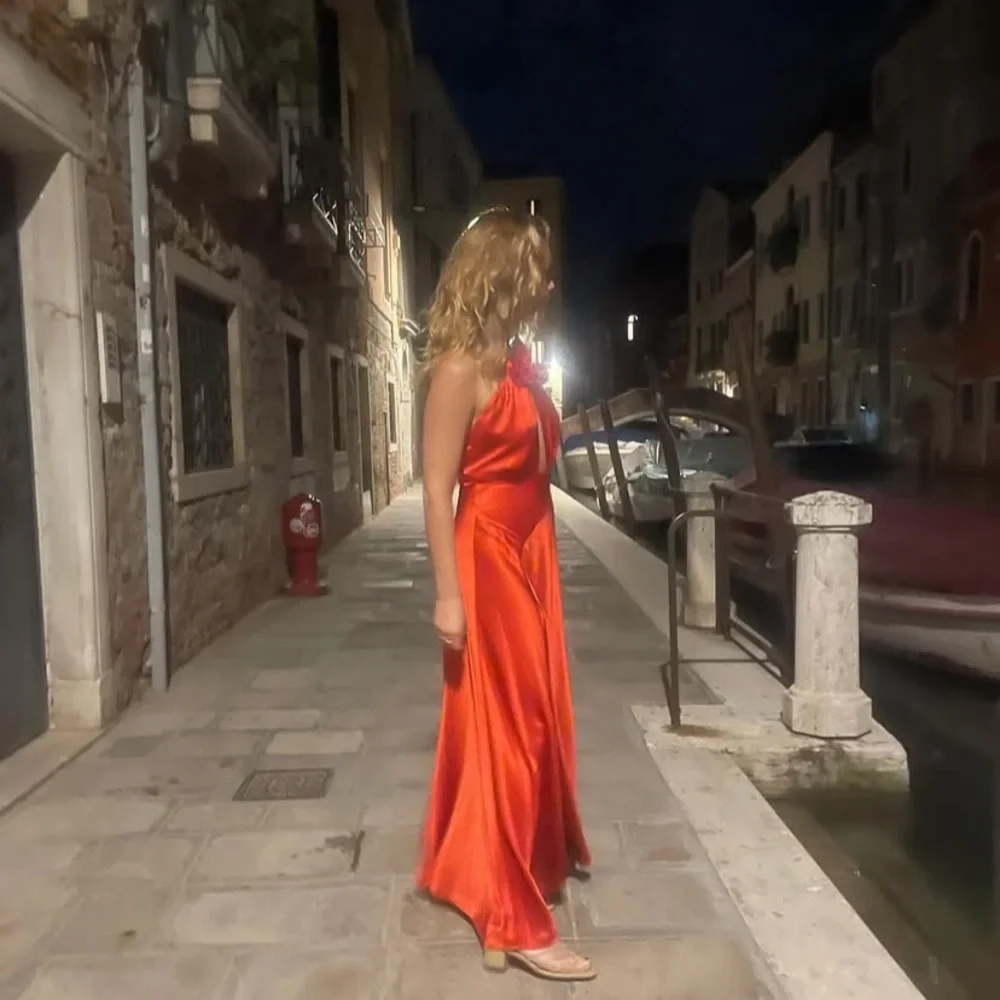 NWT Doen Lilaia Silk Rosette Rose Halter Maxi Dress Gown Fiery Coral Red - Picture 7 of 16